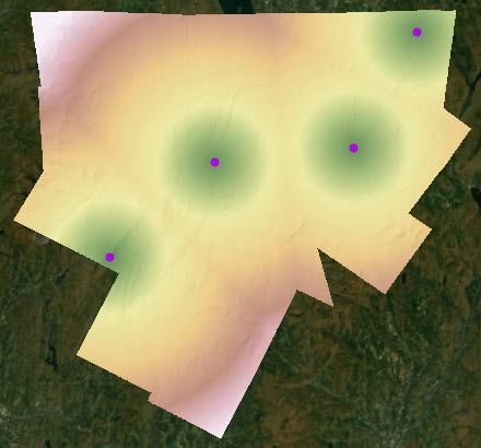 Map of straight line distance calculated from four points Map of straight line distance calculated from four points