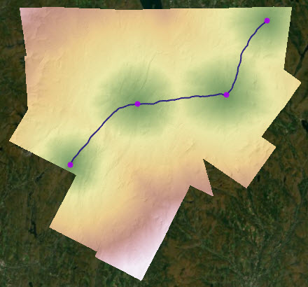Four points connected with the paths of least cost Four points connected with the paths of least cost
